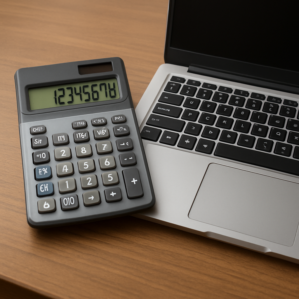 ERP-freelancer berekent zijn uurtarief aan bureau met laptop en cijfers