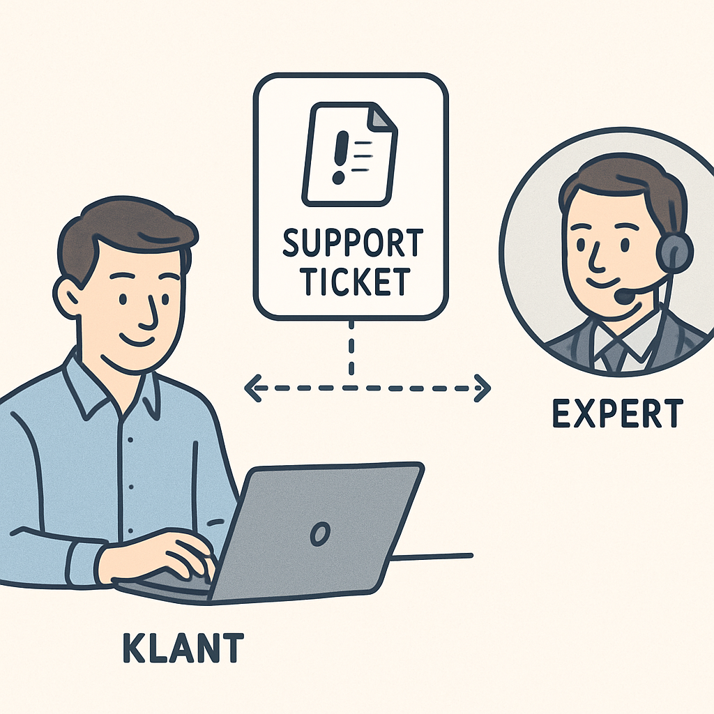 Klant plaatst klein Exact Online‑supportticket via Matcherly en krijgt direct een specialist toegewezen.