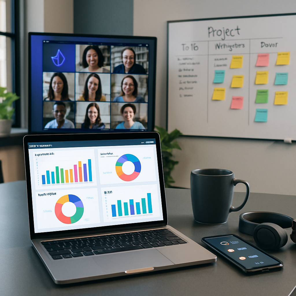 ERP-freelancer aan het werk met Exact Online, HubSpot en Power BI op laptop – illustratie bij blog over tools voor ERP-specialisten.